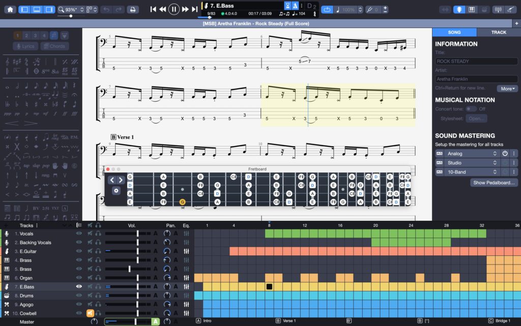 Partition de basse de Guitar Pro 8 avec manche