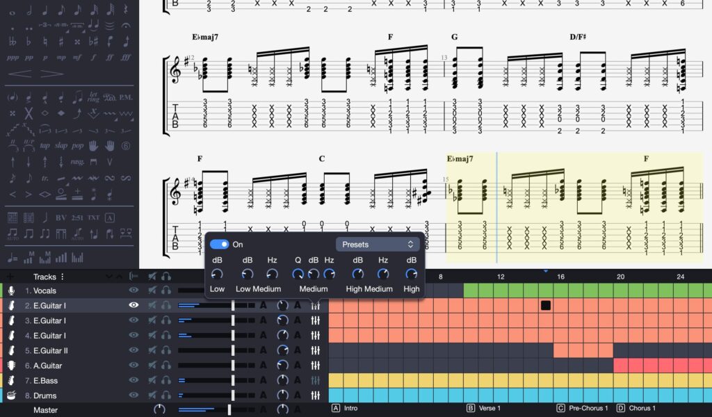 Console de mixage pour guitare de Guitar Pro 8