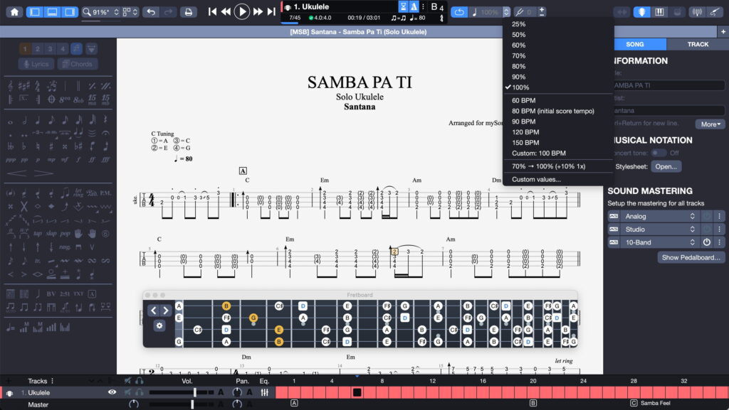 Interface de tablature pour ukulélé de Guitar Pro 8