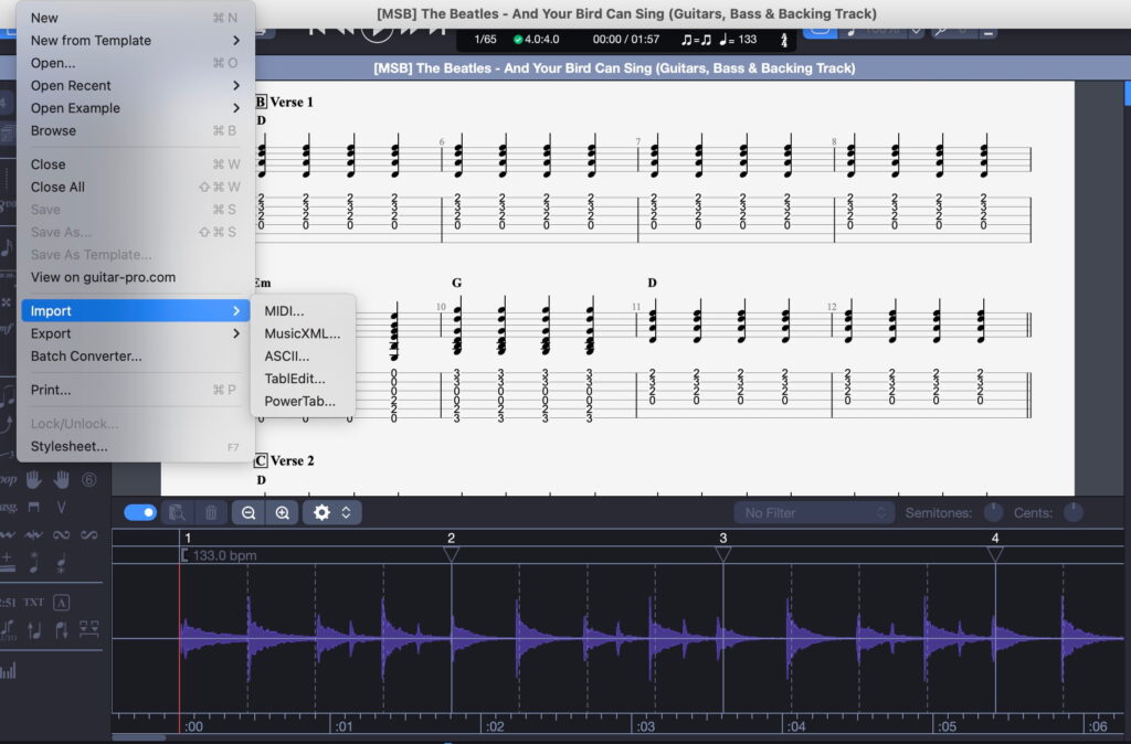 Menú desplegable de importación y pista de audio de Guitar Pro 8