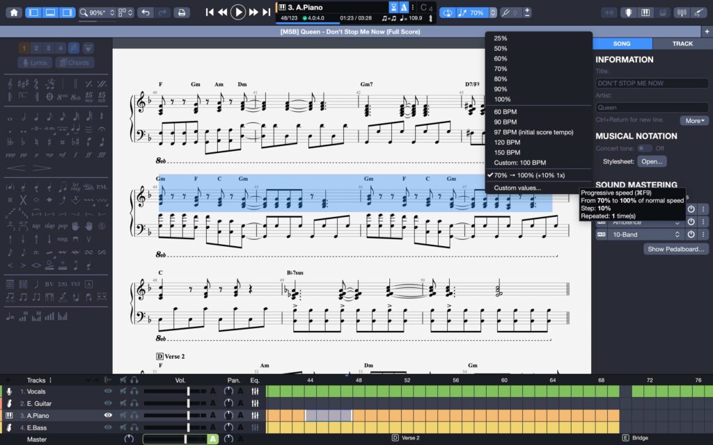 Funciones de aprendizaje de piano de Guitar Pro 8
