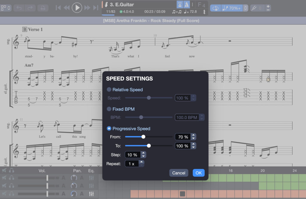 Paramètres du speed trainer de Guitar Pro 8