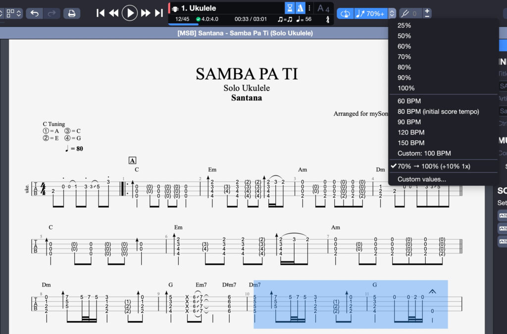 Outils de pratique pour ukulélé de Guitar Pro 8